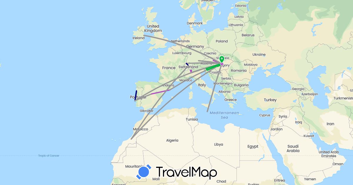TravelMap itinerary: driving, bus, plane, train, boat in Austria, Switzerland, Germany, Spain, Hungary, Ireland, Italy, Morocco, Malta, Portugal, Slovenia (Africa, Europe)
